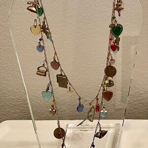 VTG GLASS WORKS STUDIO BOHO NECKLACE BRASS CHARMS GLASS HEARTS CUPID LOVE 22"